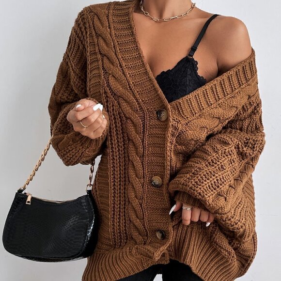 Brown Casual Womens Bishop Sleeve Button Up Cardigan - Picture 4 of 5